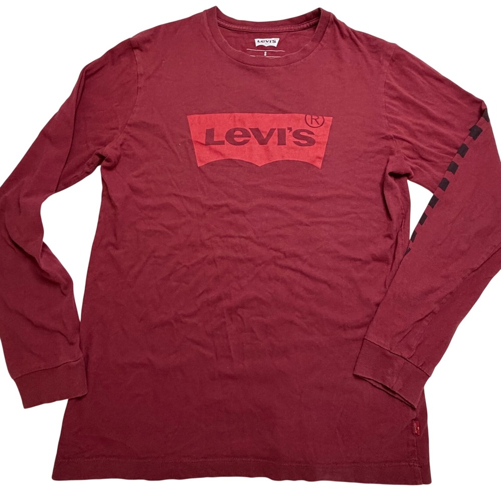 Levis Mens Long Sleeve Graphic Tee Burgundy Red Batwing Logo Shirt Small